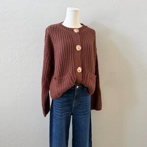 BiBi Chunky Knit Cardigan Brown Statement Button Sweater Medium Winter Spring